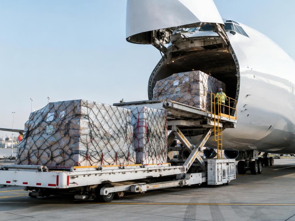 Cargo pallets being loaded into a cargo aircraft