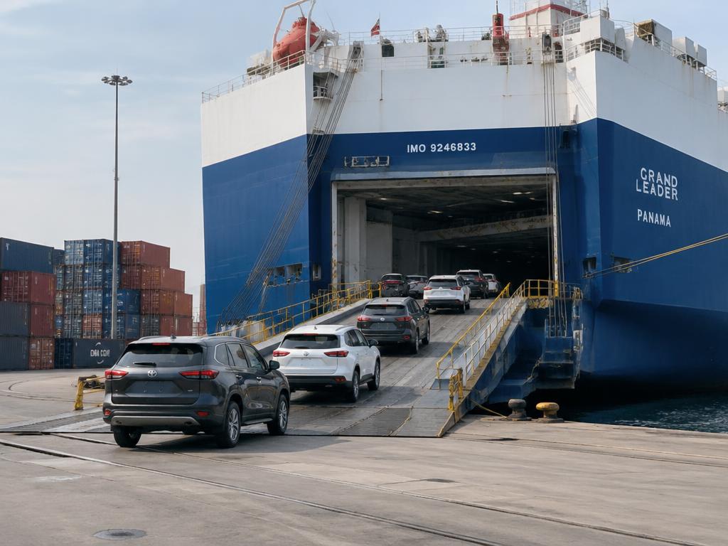 Cars being driven onto a cargo ship beside shipping containers